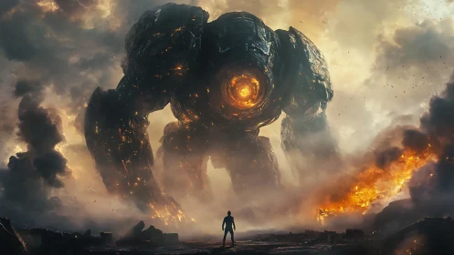 Colossal molten mech towering over lone human figure.