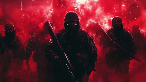 Shadowed soldiers emerging through vivid red smoke.