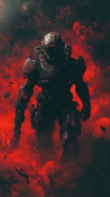 Digital painting of armored cyber-soldier in inferno haze.