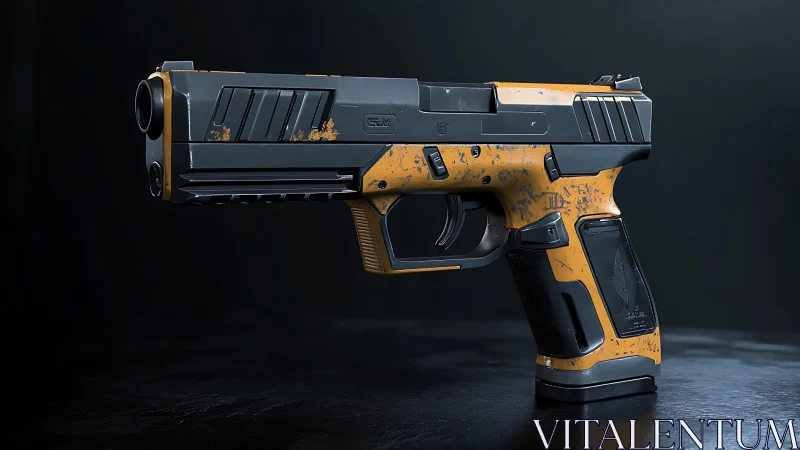 Sleek sci-fi sidearm with bold orange industrial finish.