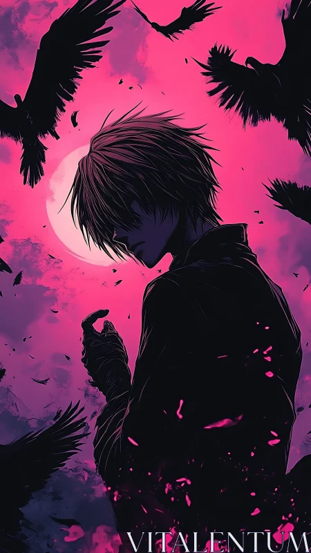 Solitary anime figure broods beneath a blood-moon sky