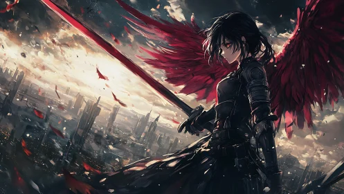 Fierce red winged warrior stands watch above a ruined city