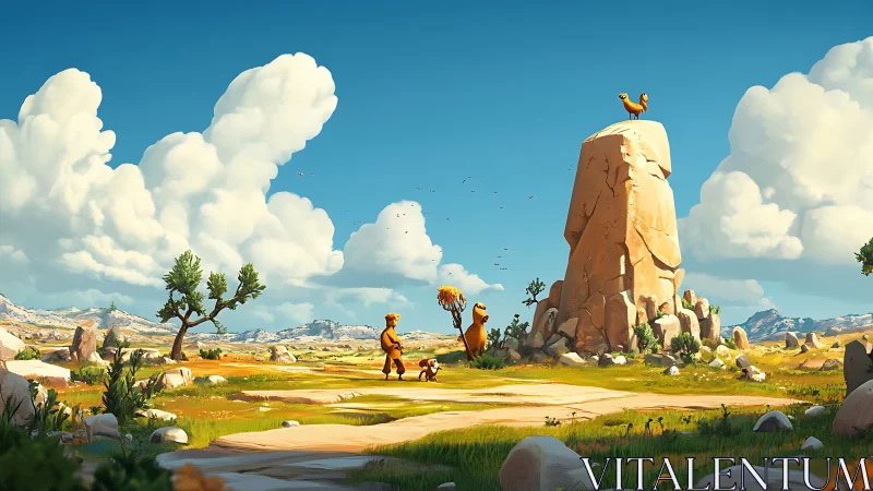 Sunny cartoon savanna unites travelers under towering rock