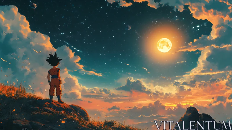 Cel-shaded warrior observes volumetric sunset clouds and lunar sky