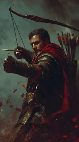 Armored archer draws a flaming arrow in battle tension.