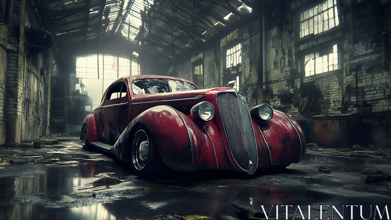 Rust-kissed vintage coupe brooding in a rain-soaked ruin.