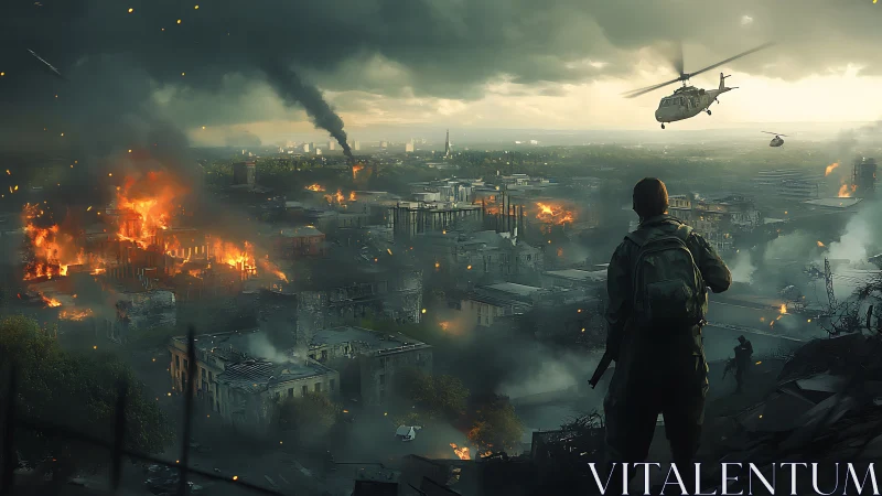 Tactical observer surveying heli-assisted urban firestorm theater.