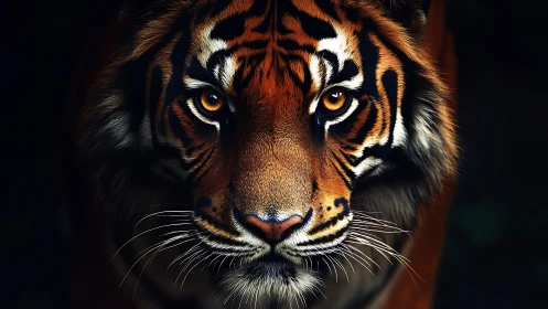 Close frontal view of tiger face on dark contrasting background.