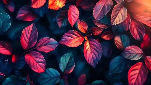 Multicolored rose leaves are illuminated by directional light