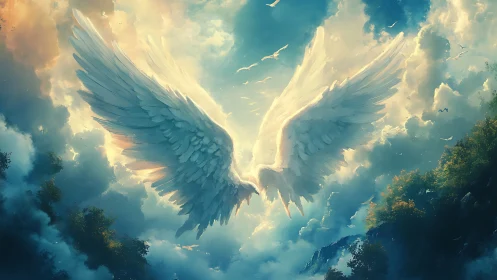 Celestial white wings soar through radiant luminous clouds.