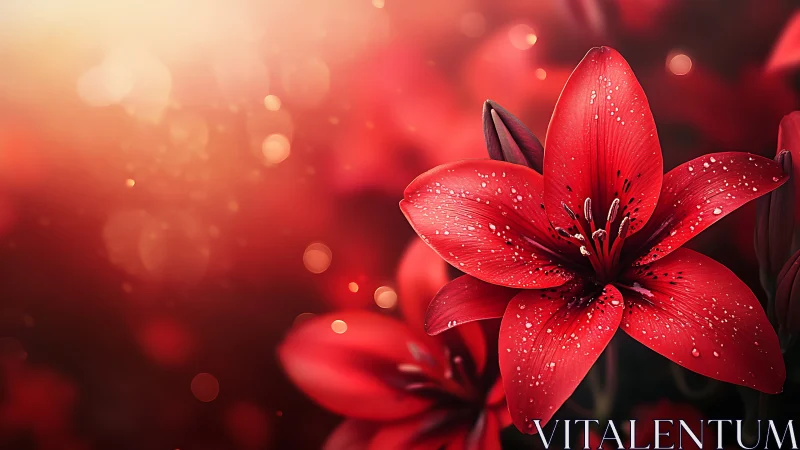 Red Lily with Dewdrops in Bokeh Lighting