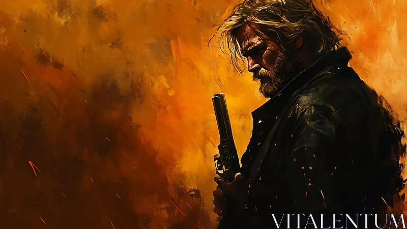 Weathered gunman pauses in a blaze of golden firelight