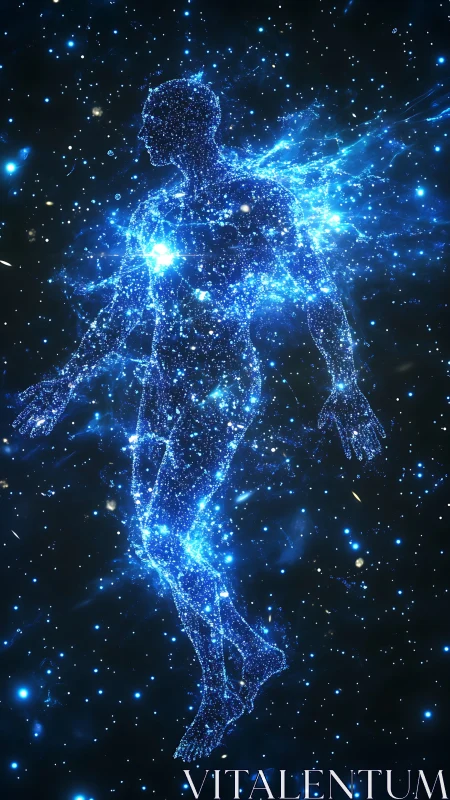 Stellar human silhouette formed from luminous blue particles.