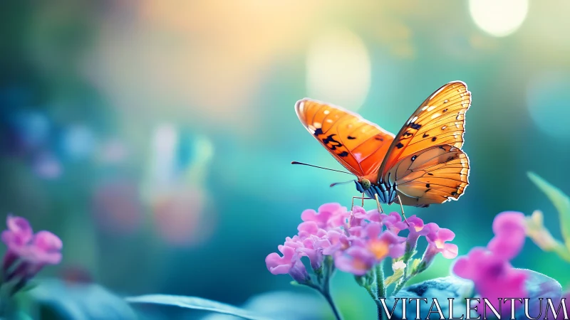 Gentle orange butterfly pausing on bright pink garden blooms.