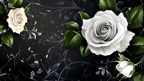 Ivory Roses Dance Against Midnight Velvet Swirls