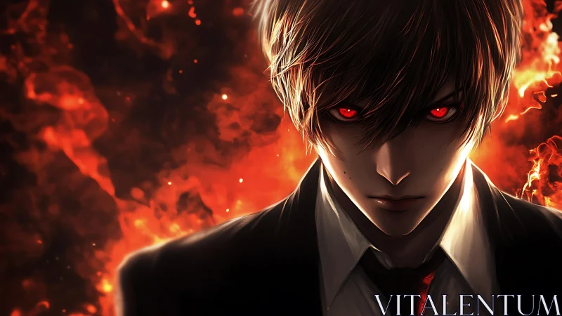 Infernal-eyed anime antihero emerging from blazing inferno.