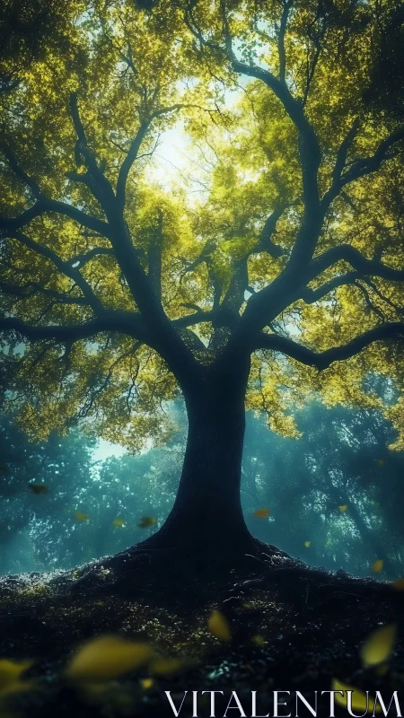 Backlit tree canopy is framed from a low ground perspective
