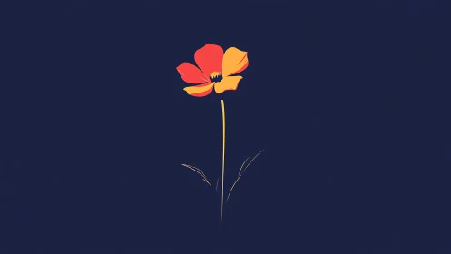 Minimal single red and yellow flower on dark blue field.