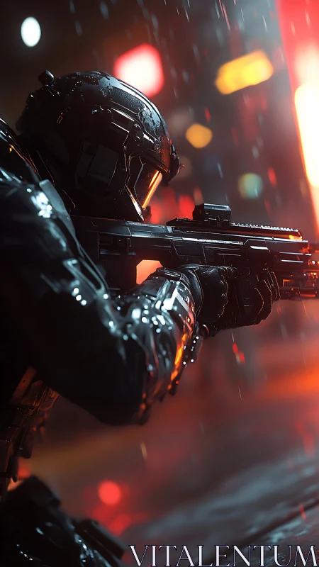 Armored cyber soldier aiming rifle in neon rainfall.