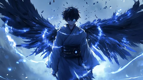 Dark winged anime figure with blue glowing energy aura.