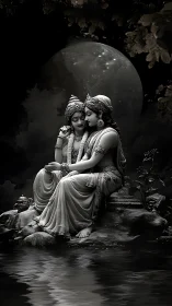 Divine lovers rest beneath a luminous full moon in grayscale.