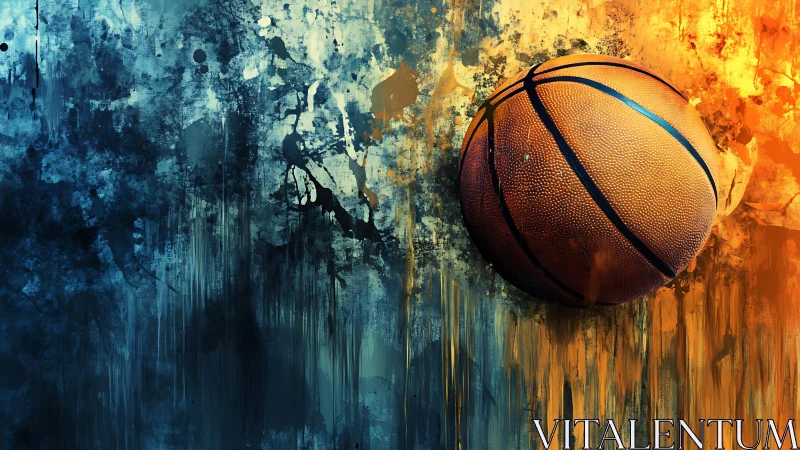 Bold basketball bursting through vivid blue and orange paint.