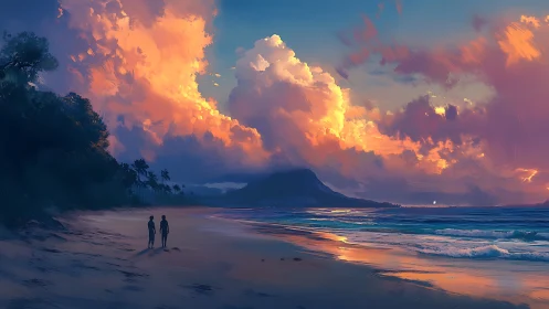 Sunset giants crown a quiet lovers’ walk by the sea.