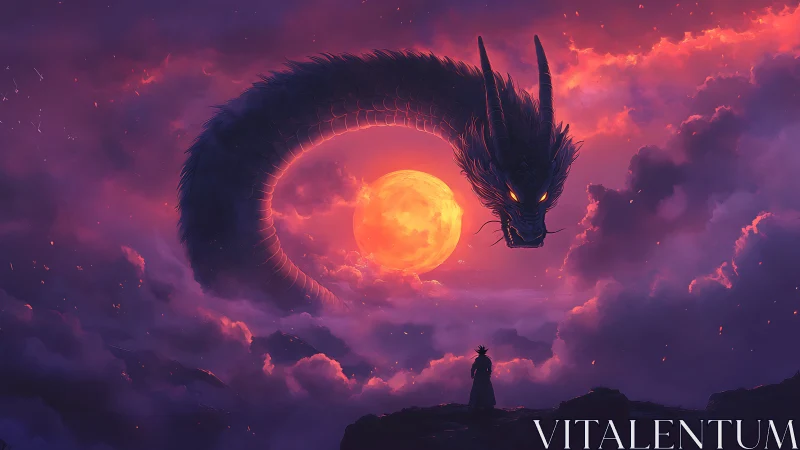 Celestial dragon coils around burning moon above silhouette