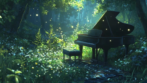 Grand piano glowing with fireflies in lush twilight forest.