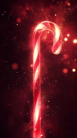 Glowing red candy cane rises through swirling festive sparks