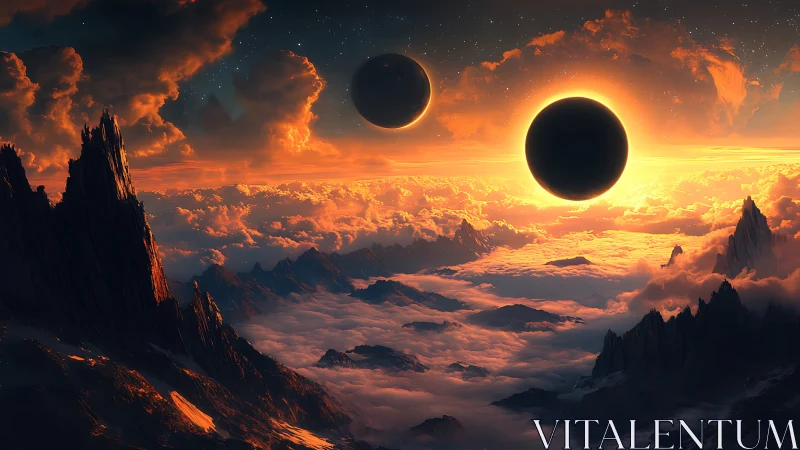 Twin eclipses above molten cloud seas on alien world.