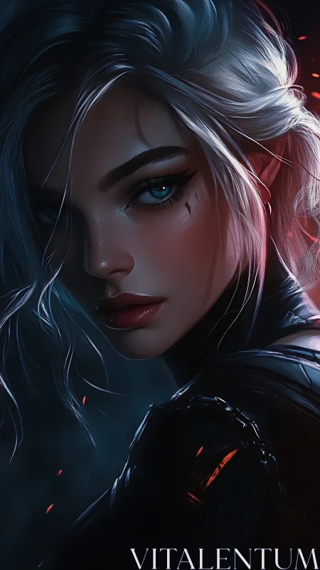 Silver-haired rogue portrait in cinematic blue-red rim light.