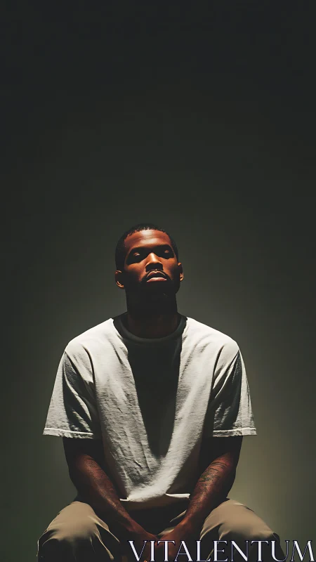 Moody low key portrait of man in spotlight on dark stage.