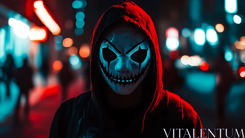 Hooded figure in sinister mask under neon city lights.
