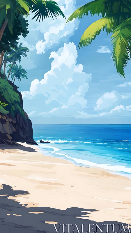 Tropical Beach Paradise. Coastal Cliffs, Palms, Turquoise Waters.