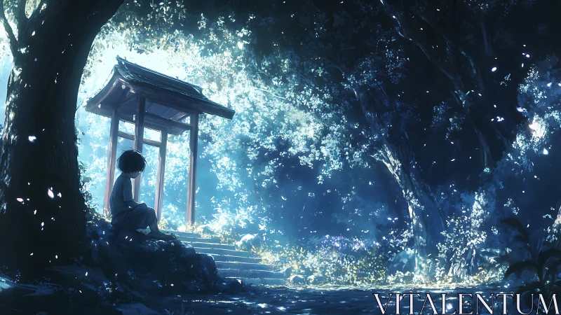 Noctilucent forest gateway with seated child under dappled light