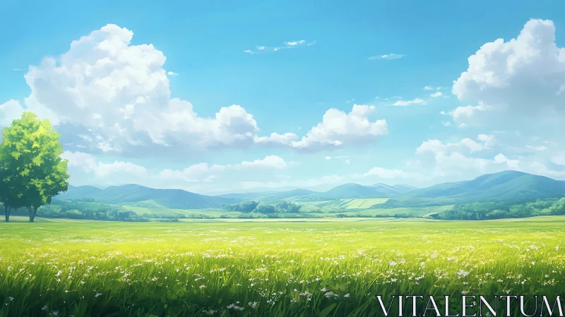 Sunlit meadow whispers beneath slow-drifting summer clouds.