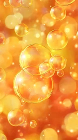 Golden orange soap bubbles on a glowing abstract background.