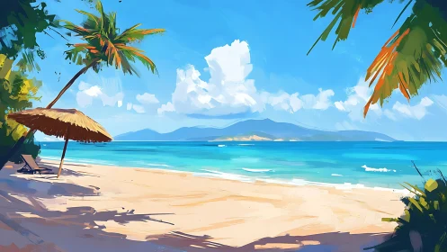 Tropical Paradise Beach with Umbrella and Ocean Views.