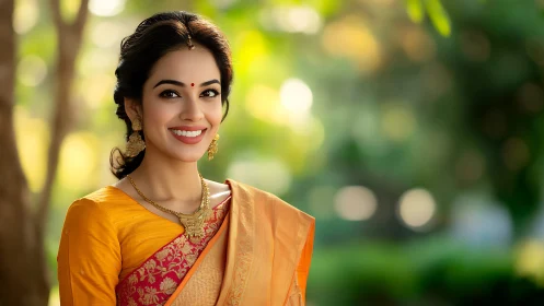 Elegant woman in traditional saree smiling outdoors, vibrant portrait.