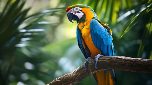 Blue-and-yellow macaw perched on branch in vibrant rainforest scene.