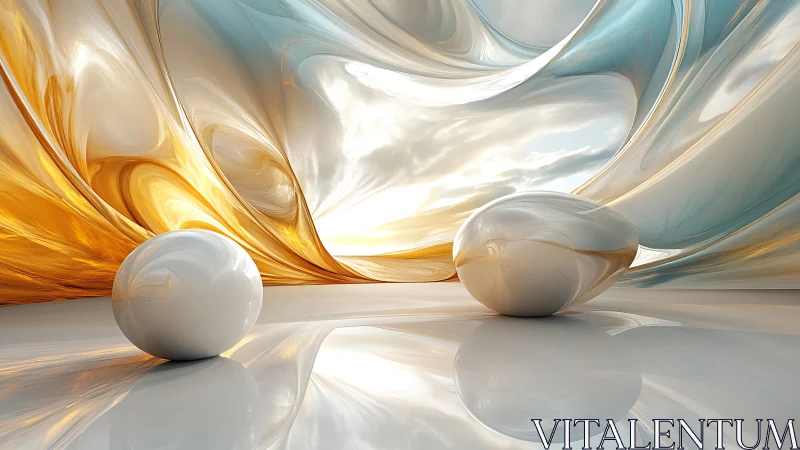 Abstract glossy spheres on reflective fluid color surface.
