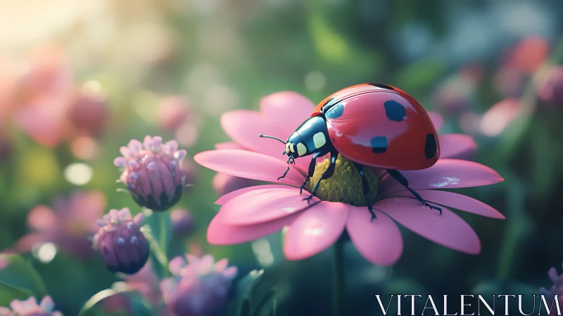 Ladybird resting on pink daisy under shallow depth of field
