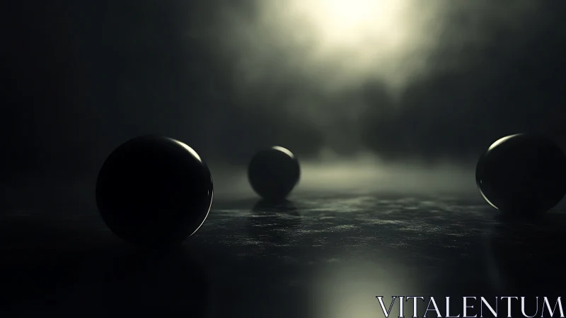 Three reflective spheres rest on a dark surface under diffuse light