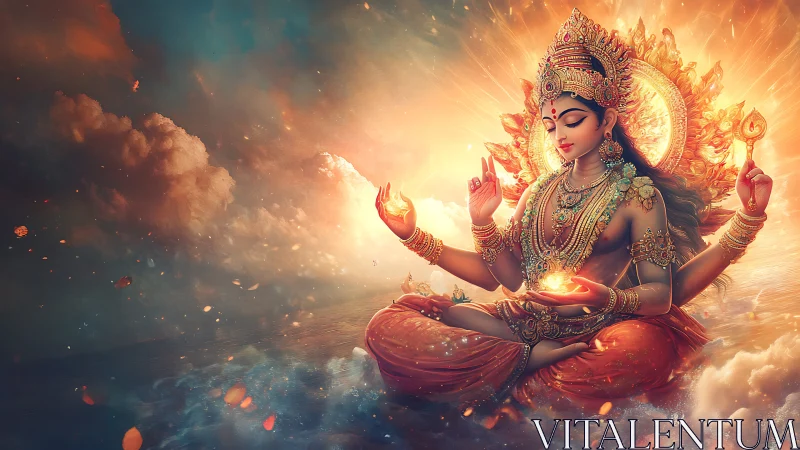 Divine multi-armed goddess meditating in radiant fire aura.