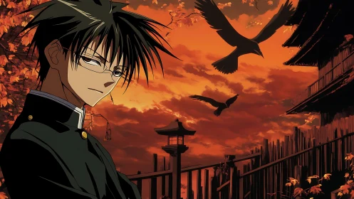 Brooding student under crimson sky with circling crows.