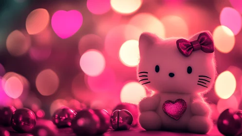 Pink Hello Kitty in Bokeh Heart Lights