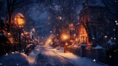 Snowy winter street glows under warm lamplight and falling flakes