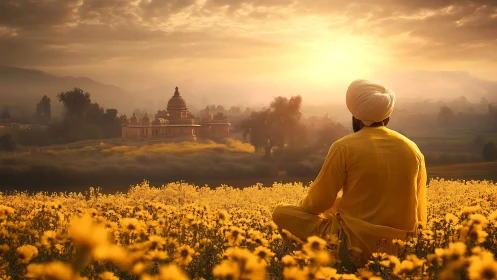Turbaned figure observes distant temple across yellow field
