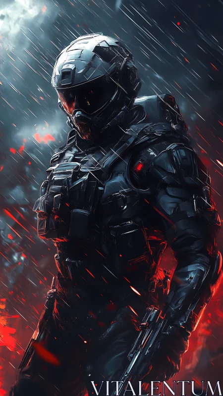 Armored future soldier standing in burning stormscape.